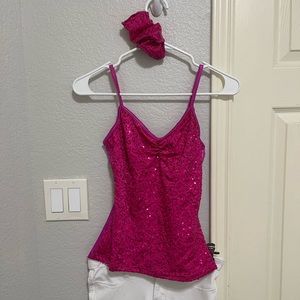 Weissman pink sparkly dance tank top and fingerless gloves